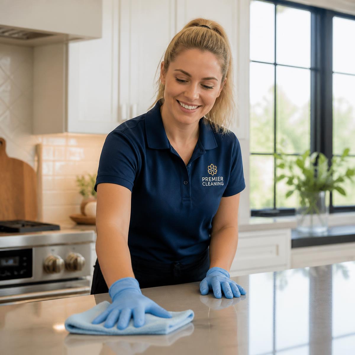 Uniformed Realtor Ready Cleaners team member wiping a kitchen countertop
