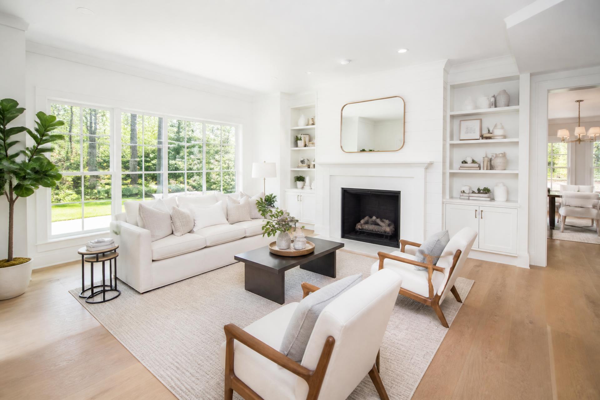 Bright, immaculate living room prepared for a real estate listing photo